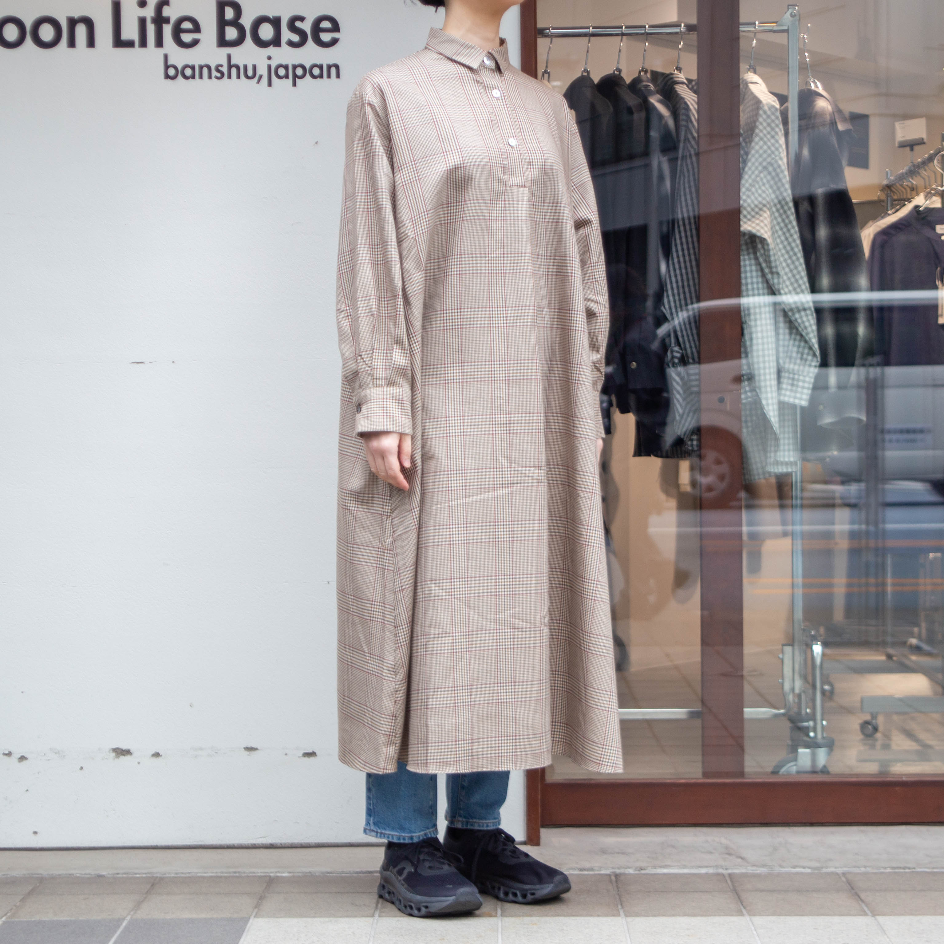 播州織　キュプラ混　グレンチェック　Aラインワンピース