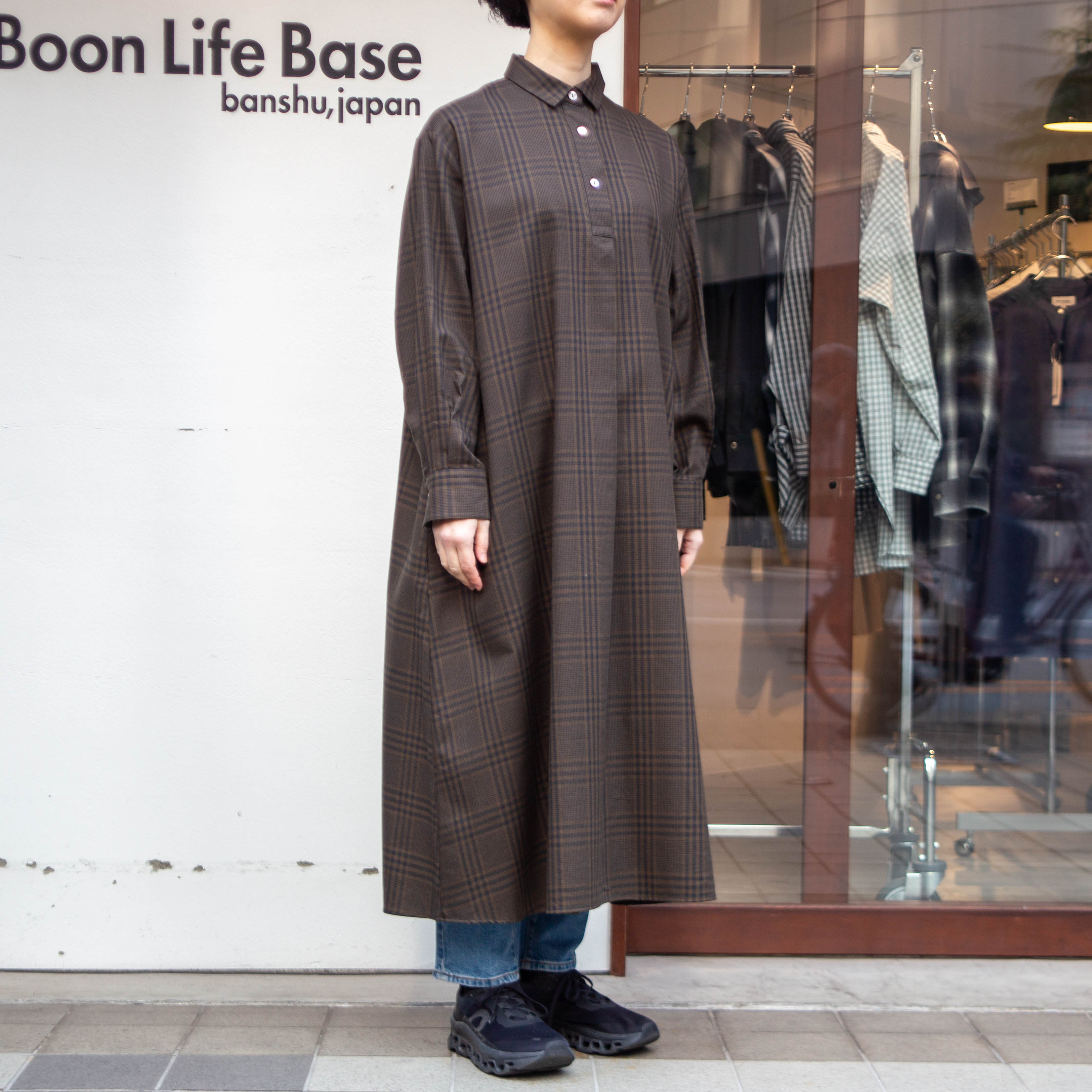 播州織　キュプラ混　グレンチェック　Aラインワンピース